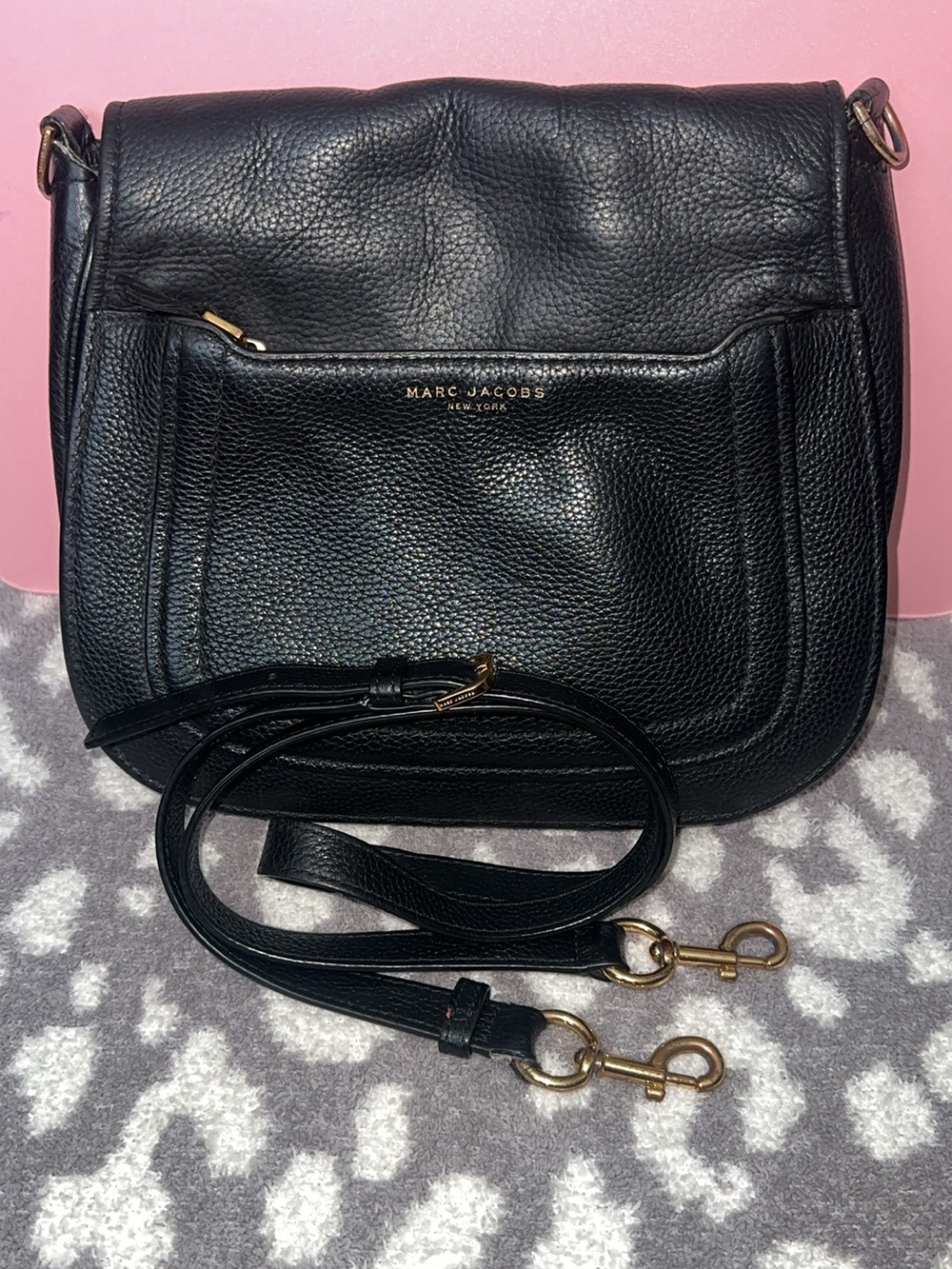 Marc Jacobs Black Pebbled Leather Saddle Crossbody with Gold Hardware